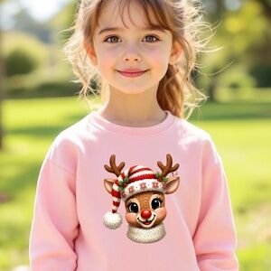 Christmas Faux-Knit Reindeer T-shirt long sleeve Pink 2T - XL Custom made Girl
